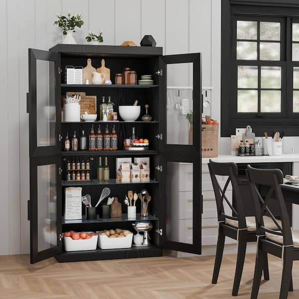 Black Wood 31 in. W x 62 in. H Classic Kitchen Pantry Cabinet with Glass Doors and Adjustable Shelves
