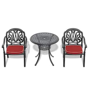 Black 3-Piece Cast Aluminum Round Table 28.35 in. Outdoor Dining Set with Seat Cushions in Random Color