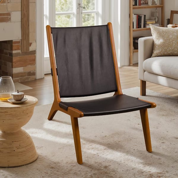 Art Leon Cozycraft Black Genuine Leather Armless Lounge Chair with Wood Legs