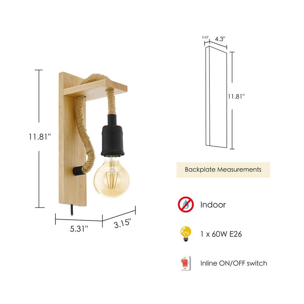 Natural Wood and Black Rope Wall Sconce with Open Bulb