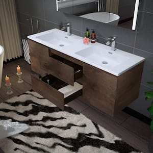 NJ 59 in. W x 19.63 in. D x 21.5 in. H Double Sink Floating Bath Vanity in Rose Wood with White Resin Top