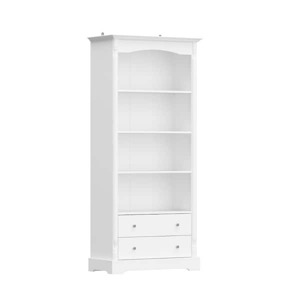 FUFU&GAGA 70.1 in. Tall White Wooden 4-Shelf Accent Standard Bookcase, Storage Cabinet, Sideboard with 2 Drawers