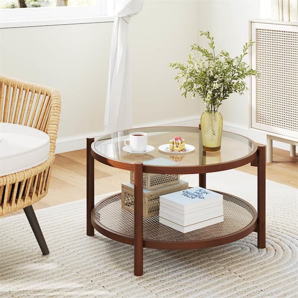 Wooden 31 in. Round Coffee Table with Tempered Glass Top Handmade Rattan Shelf