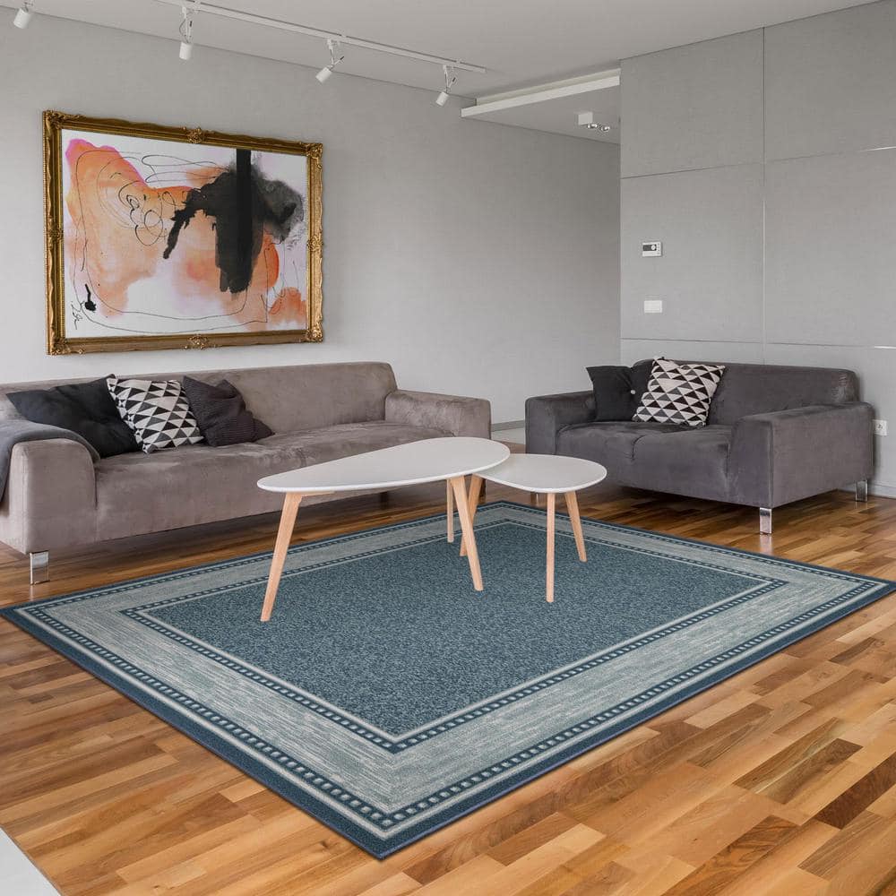 Blue and Gray Synthetic Non-Slip Rectangular Area Rug