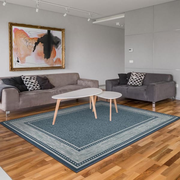 Ottohome Collection Non-Slip Rubberback Bordered Design 3x5 Indoor Area Rug, 3 ft. 3 in. x 5 ft., Teal Blue