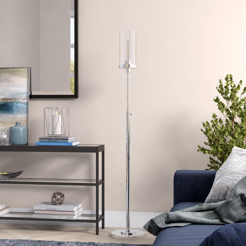 Frieda Industrial-Style Adjustable Floor Lamp in Polished Nickel and Clear Glass