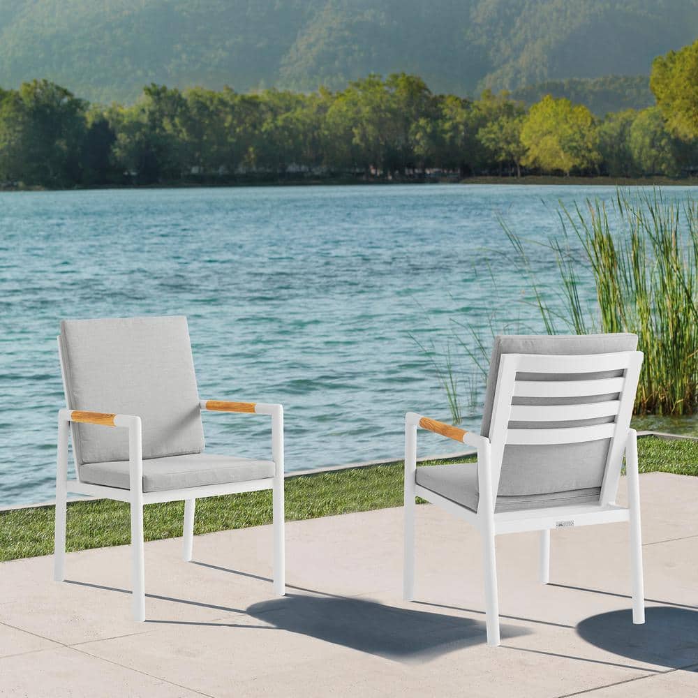Crown White Aluminum and Teak Outdoor Dining Chair with Light Grey Fabric R