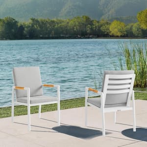 Crown White Aluminum and Teak Outdoor Dining Chair with Light Grey Fabric Removable Cushion (Set of 2)