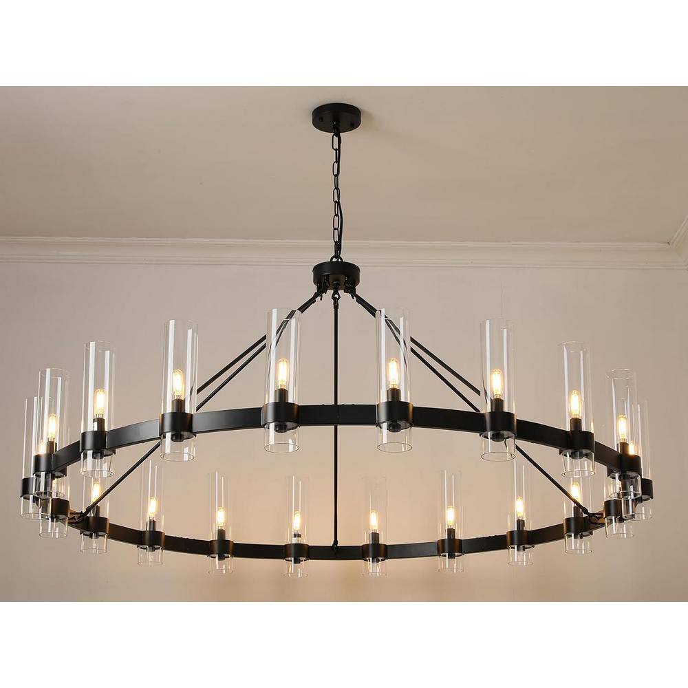 60-Inch Black Metal Wagon Wheel Chandelier with Clear Glass Shades