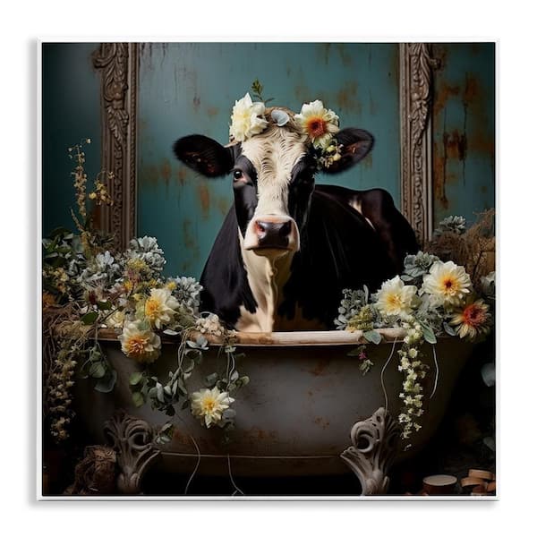 Vintage Cow in Bathtub by Lazar Studio Unframed Graphic Art Print Typography 12 in. x 12 in.
