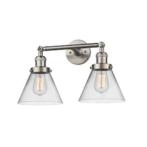 Large Cone 18 in. 2-Light Brushed Satin Nickel Vanity Light with Clear Glass Shade