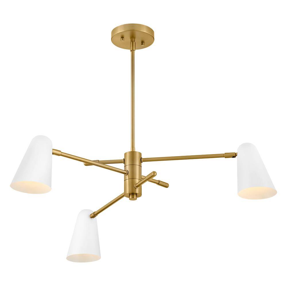 Lacquered Brass and White 30" 3-Light Chandelier