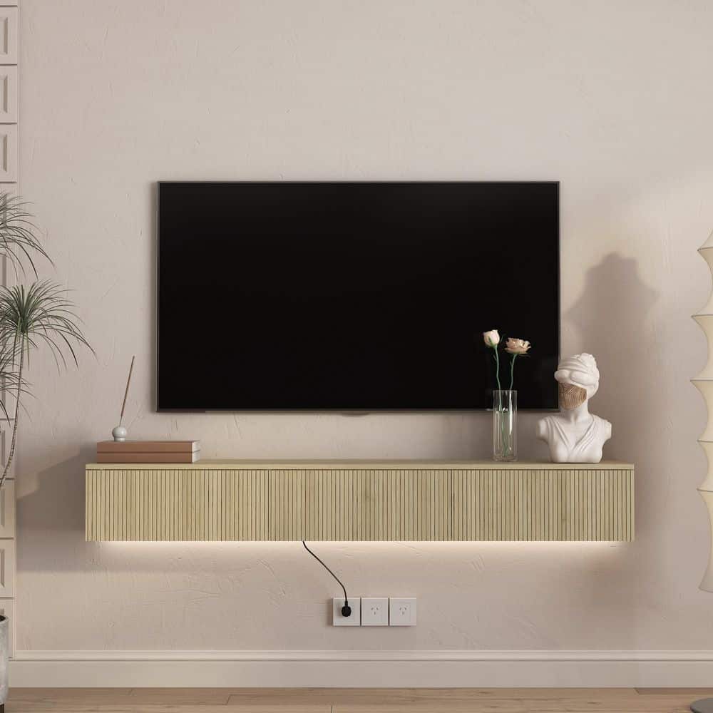 65 in. Natural Floating TV Stand Wall Mount Fits TV's up to 65 in. with LED Lights, Wood Grain MDF Entertainment Center