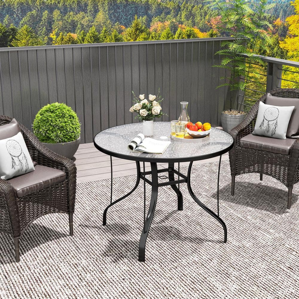 38" Black Round Patio Table with Tempered Glass Top and Umbrella Hole