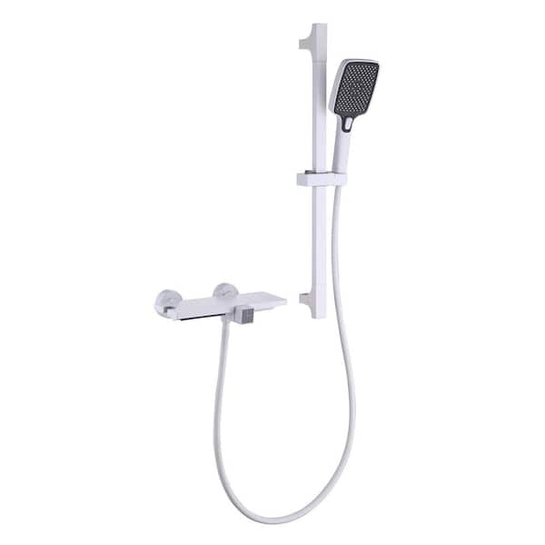 FLG Single-Handle Wall-Mount Roman Tub Faucet with Hand Shower Waterfall Brass Bathtub Filler with Slide Bar in White