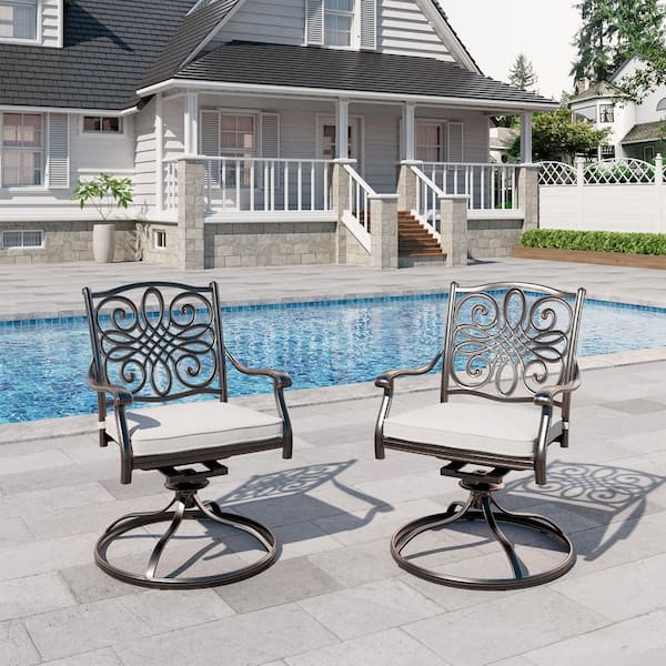 Clihome Set of 2 Cast Aluminum Outdoor Patio Swivel Dining Chair with Gray Cushion