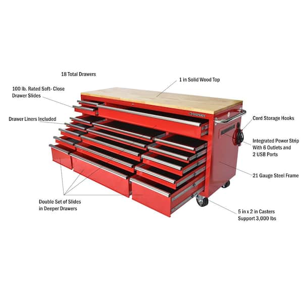 Husky Tool Storage 72 in. W x 21 in. D Standard Duty Gloss Red Mobile Workbench Tool Chest