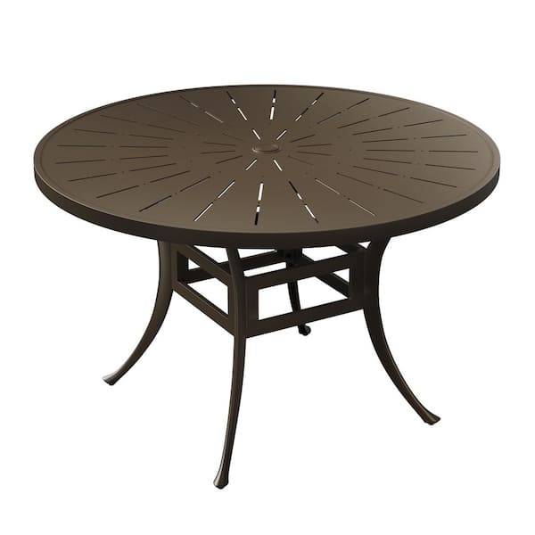48 in. W Brown Cast Aluminum Outdoor Patio Round Dining Table with Retro Table Top and Umbrella Hole