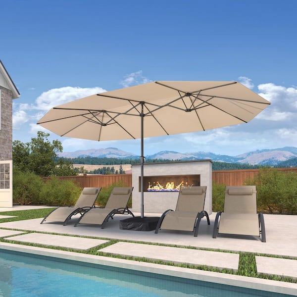 15 ft. Gray Aluminum Market Patio Umbrella with Double-Sided Outdoor Table Sun Umbrellas with Base in Beige