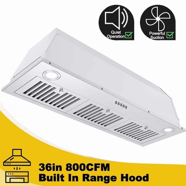 36 in. W 800CFM Ducted Insert Range Hood in Sliver Stainless Steel Island Mount Range Hood Tempered Glass LED Lights
