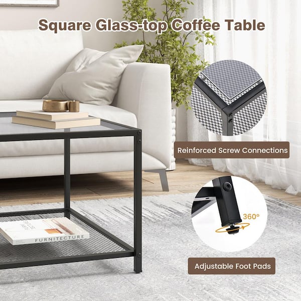 Costway 27.5 in. Grey Square Glass Coffee Table 2-Tier with