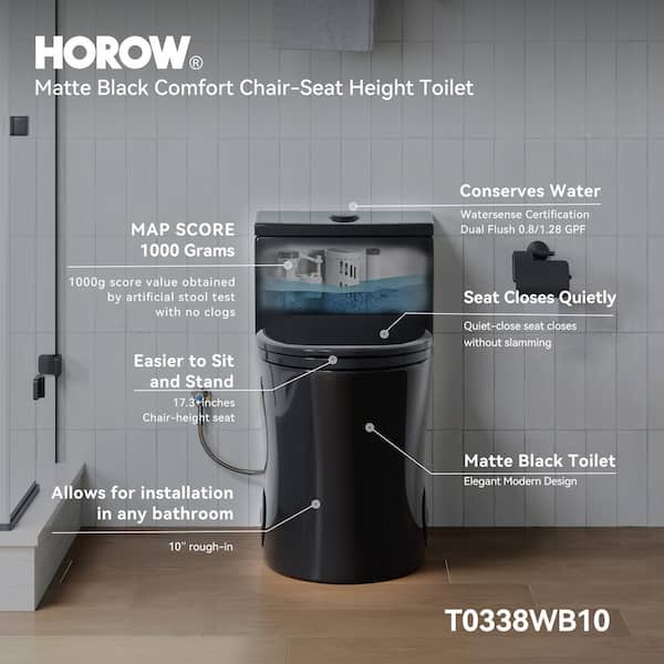 1-Piece 0.8/1.28 GPF Dual Flush Elongated Toilet in Matte Black with Soft-Close Seat Included