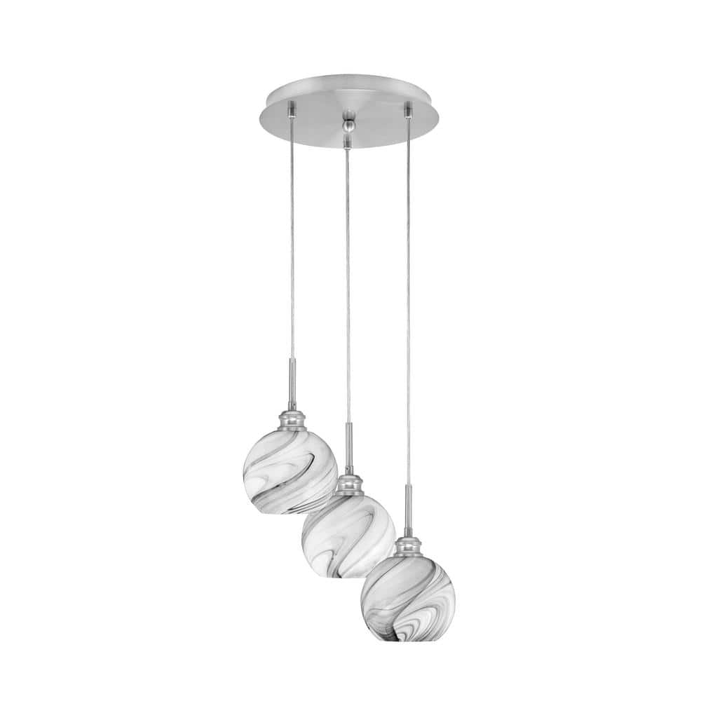 Savannah 12.25 in. 3-Light Brushed Nickel Cord Pendant Light Onyx Swirl Gla