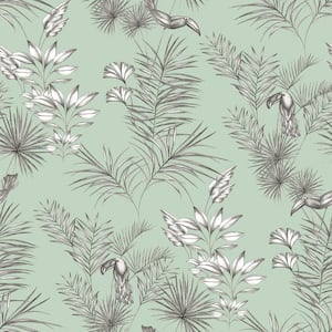 Green Shelly Mint Toucan Toile Wallpaper Sample