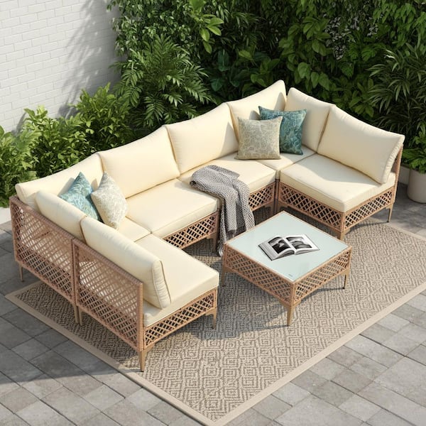 Brown 7-Piece Wicker Outdoor Patio Conversation Sectional Seating Set with Coffee Table and Beige Cushions