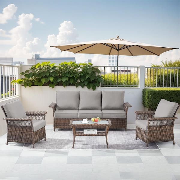 Gymojoy StLouis Brown 4-Piece Wicker Patio Conversation Set with Gray Cushions