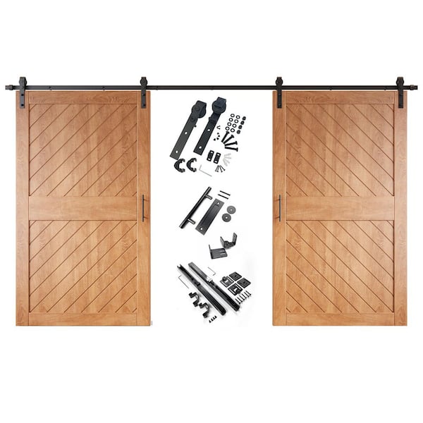 HOMACER XT1 42 in. x 84 in. C-Panel Early American Slanted Stripe Design Double Pine Wood Sliding Barn Door with Hardware Kit