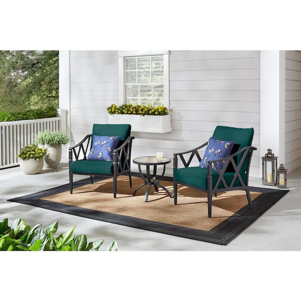 Hampton Bay Harmony Hill 3-Piece Black Steel Outdoor Patio Stationary Conversation Set with CushionGuard Malachite Green Cushions