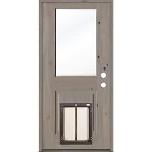 32 in. x 80 in. Knotty Alder Left-Hand/Inswing Clear Glass Grey Stain Wood Prehung Front Door with Large Dog Door