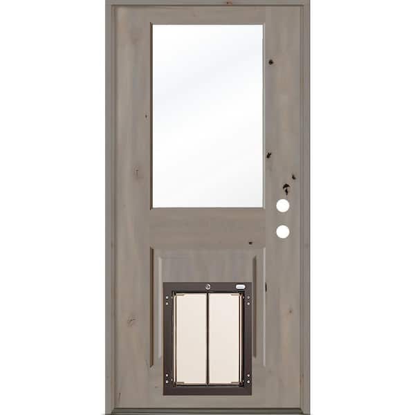 Krosswood Doors 36 in. x 80 in. Left-Hand 1/2 Lite Clear Glass Grey Stained Wood Prehung Door with Large Dog Door