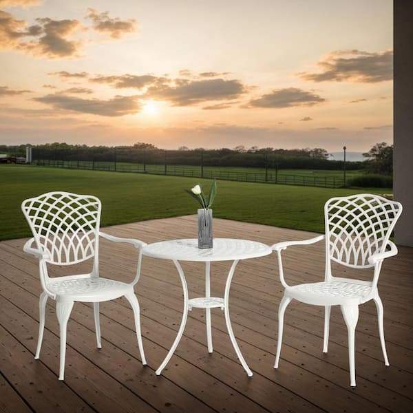 White 3-Piece Rust-Resistant Aluminum Outdoor Bistro Set Dining Set with Umbrella Hole