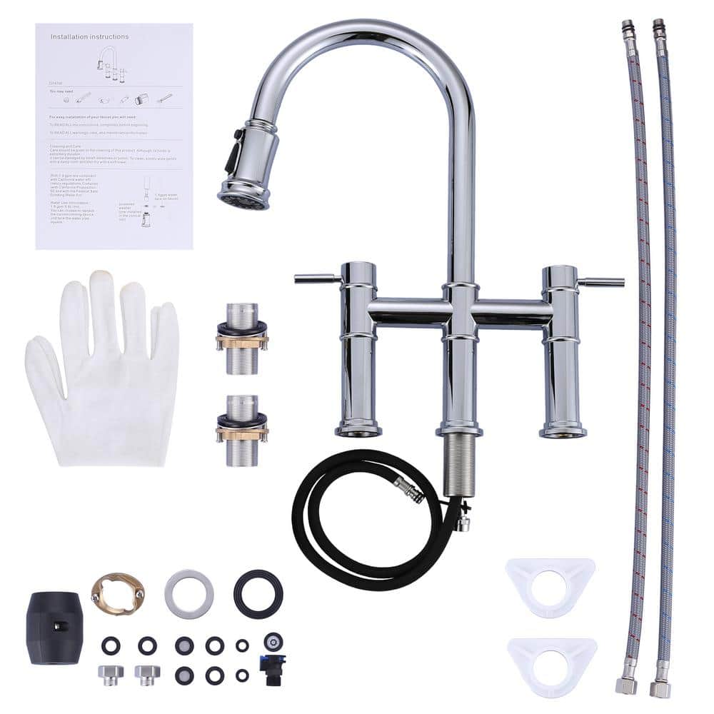 Chrome High-Arc Double Handle Kitchen Faucet with Pull-Out Spray