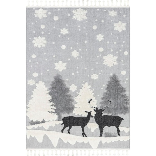 Jade Light Grey 8 ft. x 10 ft. Holiday Reindeer Tasseled Area Rug