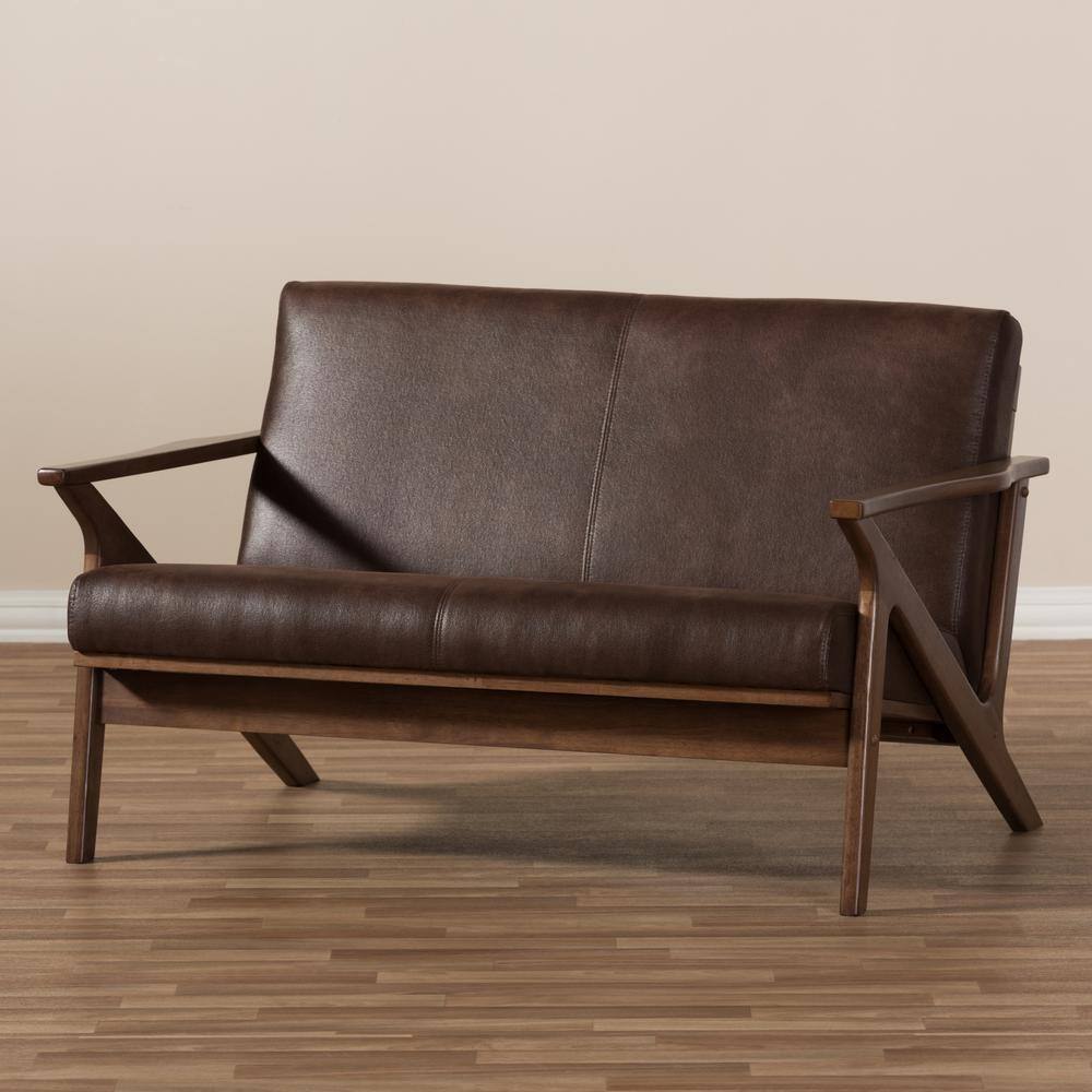 Walnut Wood Dark Brown Faux Leather Tufted Loveseat with Track Arms