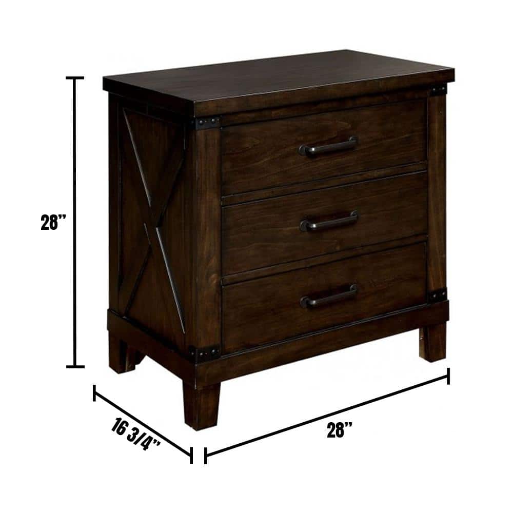 Bianca Dark Walnut 3-Drawer Rustic Nightstand