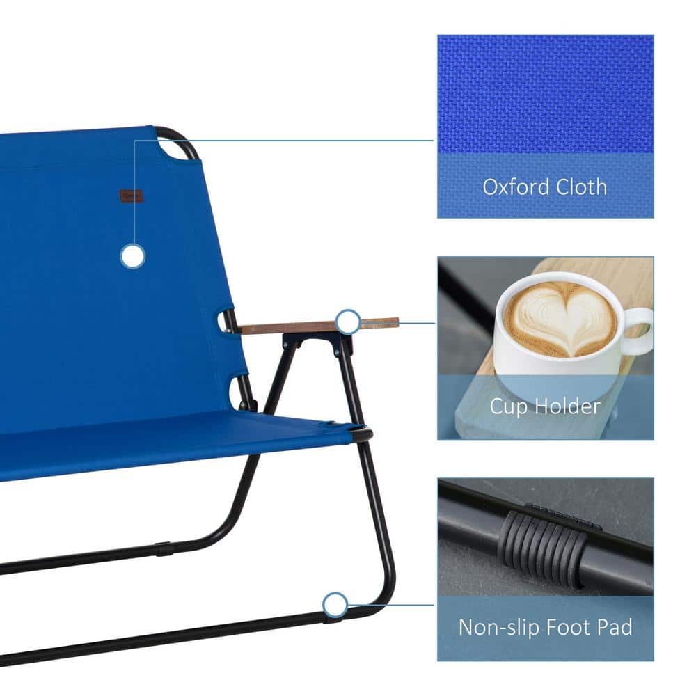 Blue Folding Double Camping Chair with Wood Armrests