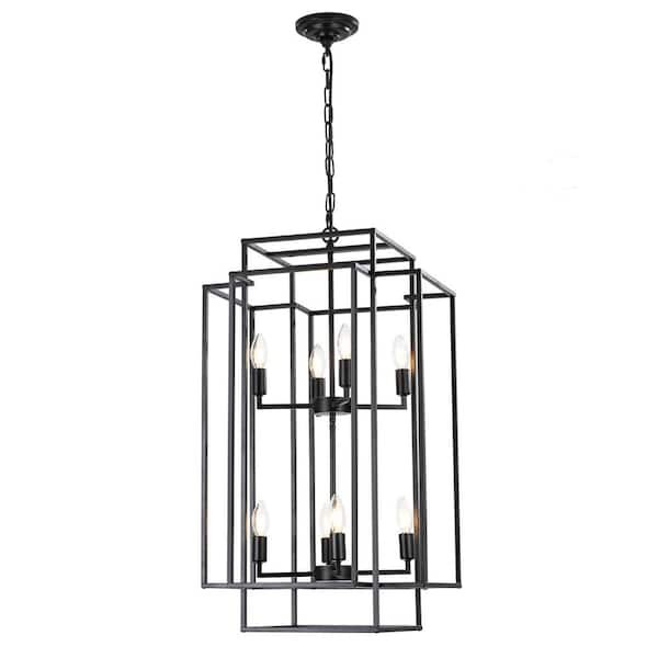 18 in. W 8-Lights Industrial Farmhouse Tiered Chandelier for Entryway, Foyer, Staircase, E12, No Bulbs (Black)