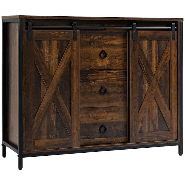 HOMCOM Industrial Farmhouse Rustic Brown Kitchen Sideboard with Sliding Barn Doors, 3-Drawers and Adjustable Shelves