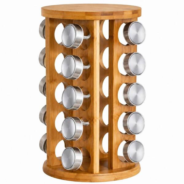 20 Jar Rotating Bamboo Spice Rack with Glass Jars and Spices Included, Revolving Countertop Organizer