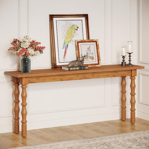 Unbranded Turrella 70.9 in. Oak Rectangle Engineered Wood Console Table with Solid Wood Legs, Narrow Sofa Table for Living Room