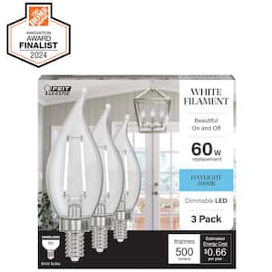 60-Watt Equivalent BA10 E12 Candelabra Dim White Filament Clear Glass Chandelier LED Light Bulb Daylight 5000K (3-Pack)