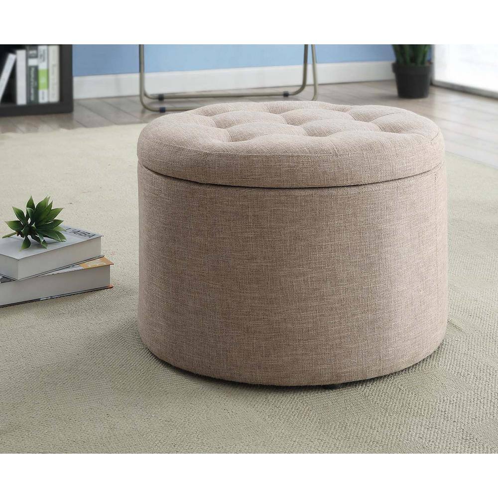Beige Tufted Round Ottoman with Shoe Storage Compartments