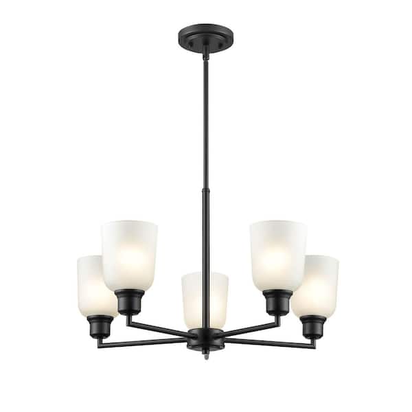 Amberle 24 in. 5-Light Matte Black Chandelier Light with Frosted White Glass