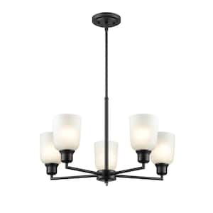 Amberle 24 in. 5-Light Matte Black Chandelier Light with Frosted White Glass