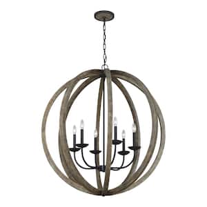 Sterling 6-Light Weathered Oak Wood and Antique Forged Iron Rustic Farmhouse Hanging Globe Candlestick Chandelier