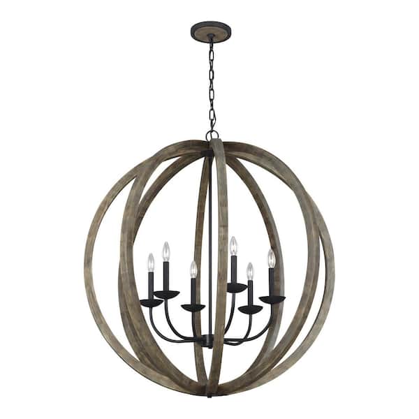 Generation Lighting Allier 6-Light Weathered Oak Wood and Antique Forged Iron Rustic Farmhouse Hanging Globe Candlestick Chandelier